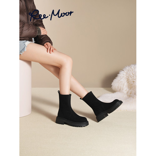 reemoor彈力靴女靴2025年冬季氣質美拉德厚底絨面短靴厚底睿慕