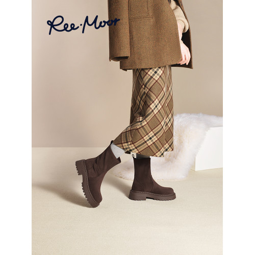 reemoor彈力靴女靴2025年冬季氣質美拉德厚底絨面短靴厚底睿慕