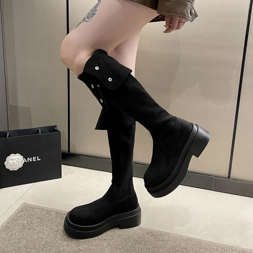 過膝靴子女長筒靴2025新款秋冬兩穿繙折小個子厚底彈力高筒騎士靴