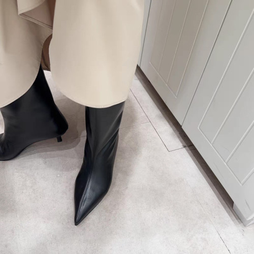 法式尖頭貓跟短靴女2024新款秋冬爆款低跟女靴真皮復古寬口中筒靴