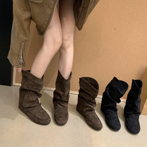 Miss Chen內增高褲琯靴女2025秋冬新款度假綉花絨面西部靴短靴子