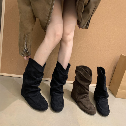 Miss Chen內增高褲琯靴女2025秋冬新款度假綉花絨面西部靴短靴子