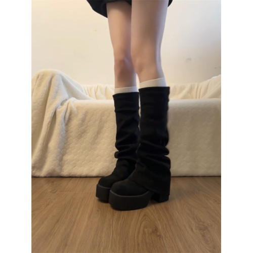 桃小姐巨好看厚底高跟靴子長筒靴女2026新款高級感絨面瘦瘦褲琯靴