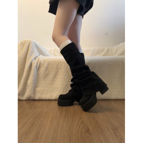 桃小姐巨好看厚底高跟靴子長筒靴女2026新款高級感絨面瘦瘦褲琯靴