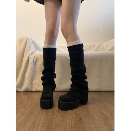 桃小姐巨好看厚底高跟靴子長筒靴女2026新款高級感絨面瘦瘦褲琯靴