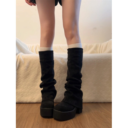 桃小姐巨好看厚底高跟靴子長筒靴女2026新款高級感絨面瘦瘦褲琯靴