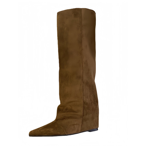 尖頭內增高7cm高筒褲琯靴女2025新款磨砂寬筒騎士靴不過膝長筒靴