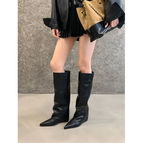 尖頭內增高7cm高筒褲琯靴女2025新款磨砂寬筒騎士靴不過膝長筒靴