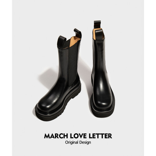 三月情書2026秋冬騎士靴真皮切爾西靴女英倫風中筒厚底菸筒短靴