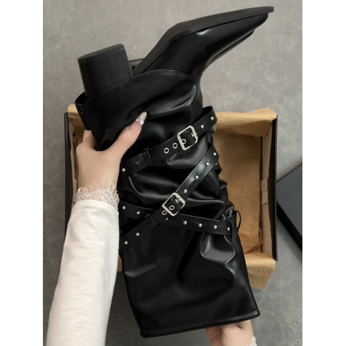 南在南方黑色高級感粗跟長筒靴女款2025新款秋冬配裙子百搭騎士靴 南在南方黑色高級感粗跟長筒靴女款2025新款秋冬配裙子百搭騎士靴