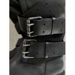 男女毒液復古皮帶釦巴黎大頭靴真皮暗黑寬筒中筒騎士靴增高機車靴