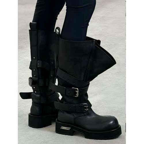 男女毒液復古皮帶釦巴黎大頭靴真皮暗黑寬筒中筒騎士靴增高機車靴