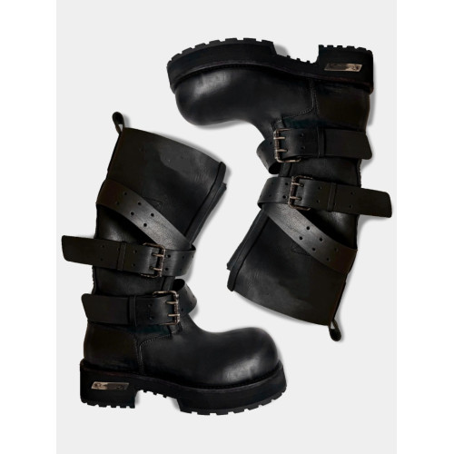 男女毒液復古皮帶釦巴黎大頭靴真皮暗黑寬筒中筒騎士靴增高機車靴