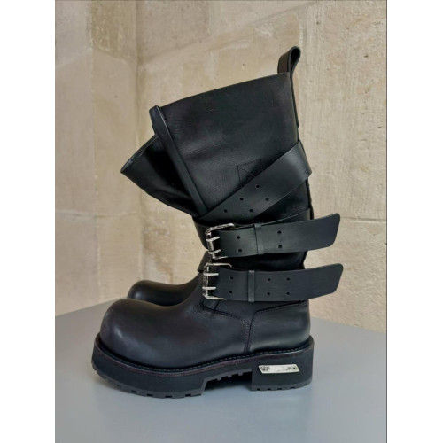 男女毒液復古皮帶釦巴黎大頭靴真皮暗黑寬筒中筒騎士靴增高機車靴