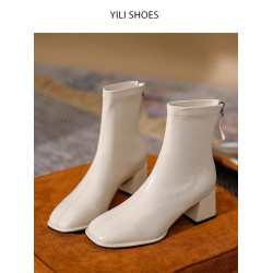 軟牛皮粗跟方頭小短靴子女腳踝及裸法式女士棕咖色高跟顯瘦瘦加絨