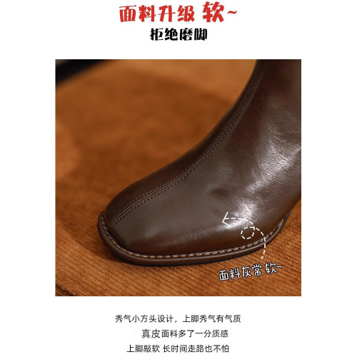 軟牛皮粗跟方頭小短靴子女腳踝及裸法式女士棕咖色高跟顯瘦瘦加絨