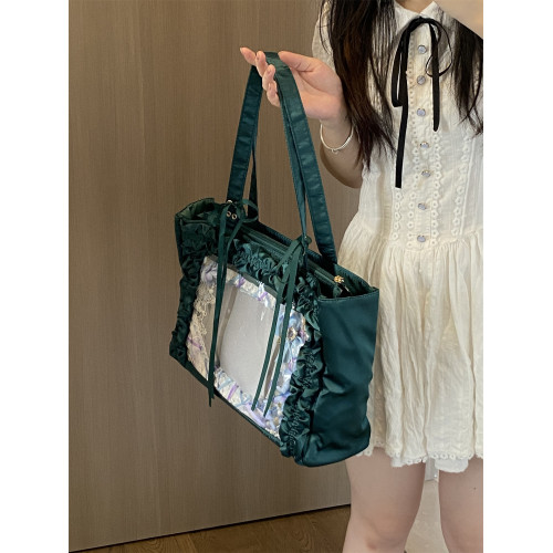 錢一波痛包｜墨綠薄荷綠花邊緞面大容量單肩包原創大腸托特二次元