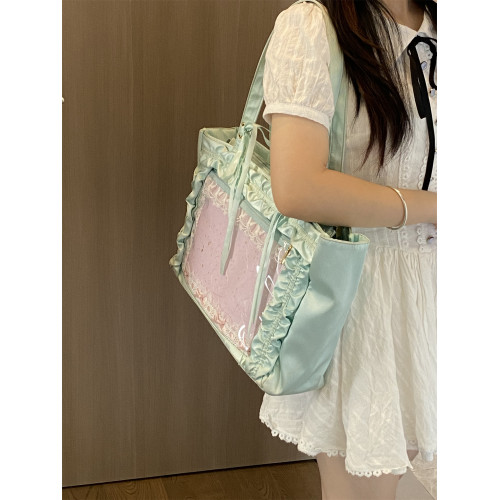 錢一波痛包｜墨綠薄荷綠花邊緞面大容量單肩包原創大腸托特二次元