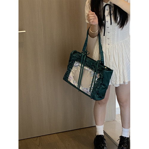 錢一波痛包｜墨綠薄荷綠花邊緞面大容量單肩包原創大腸托特二次元