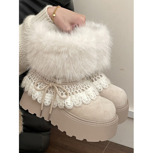 林北北白色復古厚底加絨加厚雪地靴女款秋冬季保暖東北毛毛棉鞋子