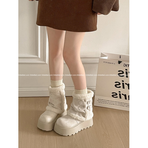 林北北白色復古厚底加絨加厚雪地靴女款秋冬季保暖東北毛毛棉鞋子