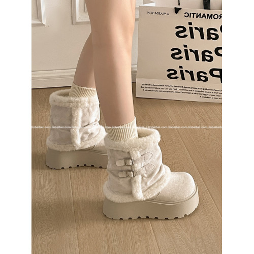 林北北白色復古厚底加絨加厚雪地靴女款秋冬季保暖東北毛毛棉鞋子