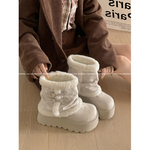 林北北白色復古厚底加絨加厚雪地靴女款秋冬季保暖東北毛毛棉鞋子