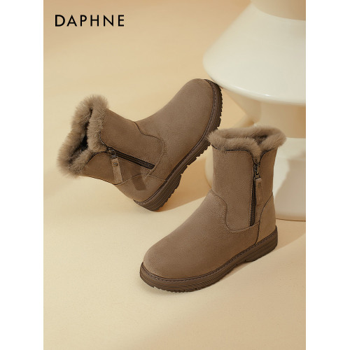 達芙妮冬季雪地靴女加絨加厚咖色馬丁靴靴子防滑女鞋2025新款棉鞋