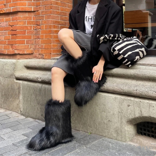 厚底毛毛靴女冬新款辣妹加厚仿貉子狐狸毛5cm增高毛茸茸中筒靴 厚底毛毛靴女冬新款辣妹加厚仿貉子狐狸毛5cm增高毛茸茸中筒靴