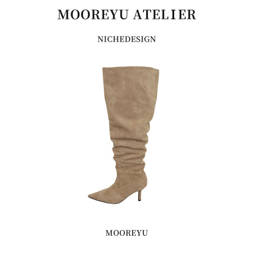 Mooreyu細高跟尖頭長靴女春夏新款復古褶皺堆堆大筒圍不過膝靴子