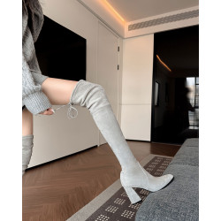 戈丹琳 2025新款過膝靴女長靴尖頭粗跟高跟彈力黑色側拉鍊瘦瘦靴