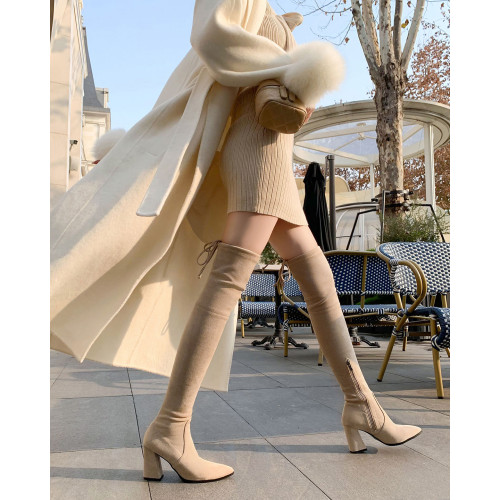 戈丹琳 2025新款過膝靴女長靴尖頭粗跟高跟彈力黑色側拉鍊瘦瘦靴 戈丹琳 2025新款過膝靴女長靴尖頭粗跟高跟彈力黑色側拉鍊瘦瘦靴