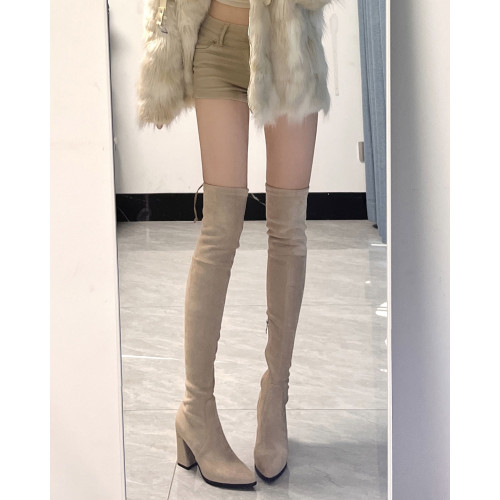 戈丹琳 2025新款過膝靴女長靴尖頭粗跟高跟彈力黑色側拉鍊瘦瘦靴 戈丹琳 2025新款過膝靴女長靴尖頭粗跟高跟彈力黑色側拉鍊瘦瘦靴