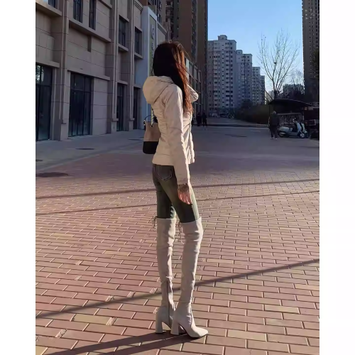 戈丹琳粗跟高跟彈力顯瘦過膝靴女長靴尖頭杏色側拉鍊小個子瘦瘦靴