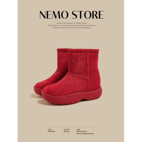 內增高紅色雪地靴女2025秋冬季新款加絨加厚短靴東北防寒麵包棉鞋