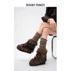 落日森林厚底東北雪地靴女2025冬季新款大頭棕色毛毛靴短加絨棉鞋