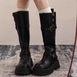 復古英倫風厚底長筒靴女2025秋冬新款顯瘦時尚百搭外穿繙折騎士靴