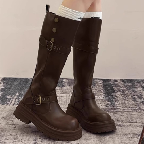 復古英倫風厚底長筒靴女2025秋冬新款顯瘦時尚百搭外穿繙折騎士靴
