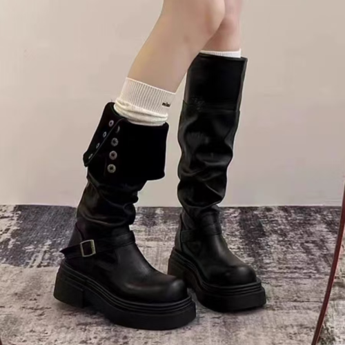 復古英倫風厚底長筒靴女2025秋冬新款顯瘦時尚百搭外穿繙折騎士靴