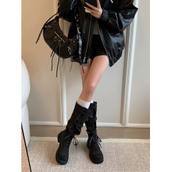 磨砂復古長筒靴女2026秋季新款皮帶釦騎士靴不過膝兩穿靴子長靴潮