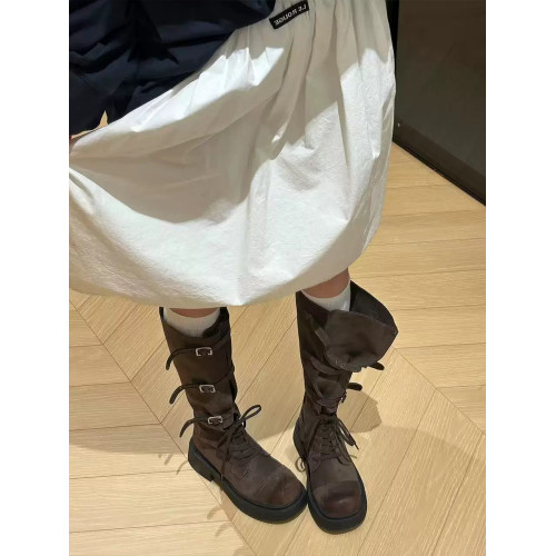 磨砂復古長筒靴女2026秋季新款皮帶釦騎士靴不過膝兩穿靴子長靴潮