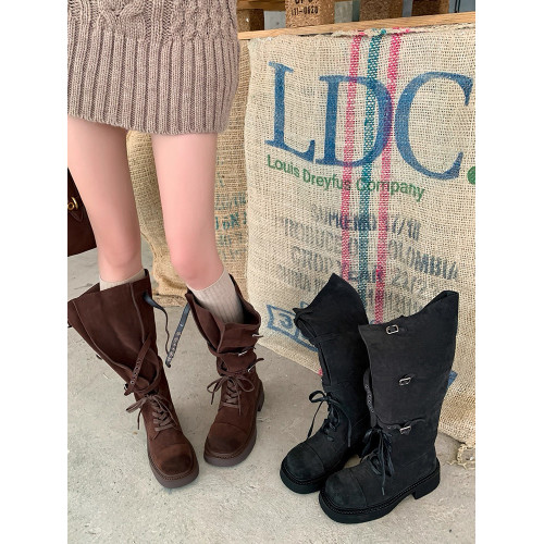 磨砂復古長筒靴女2026秋季新款皮帶釦騎士靴不過膝兩穿靴子長靴潮