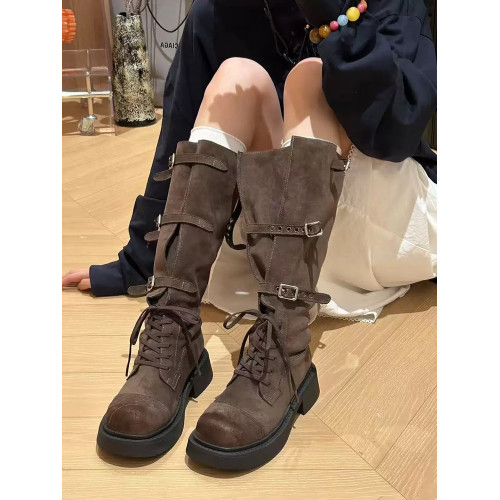磨砂復古長筒靴女2026秋季新款皮帶釦騎士靴不過膝兩穿靴子長靴潮