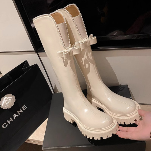 品牌特價高筒女靴厚底粗跟騎士靴甜酷辣妹蝴蝶結珍珠不過膝長靴潮