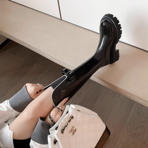 品牌特價高筒女靴厚底粗跟騎士靴甜酷辣妹蝴蝶結珍珠不過膝長靴潮