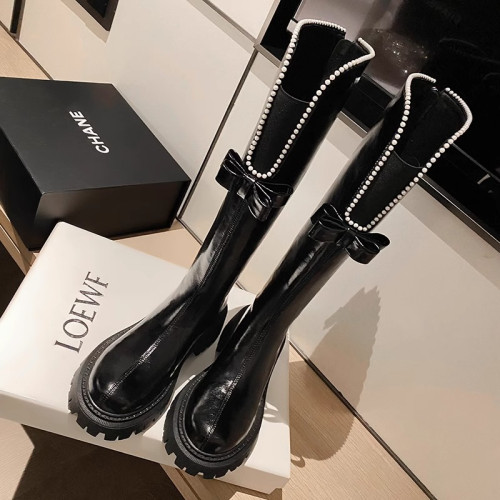 品牌特價高筒女靴厚底粗跟騎士靴甜酷辣妹蝴蝶結珍珠不過膝長靴潮