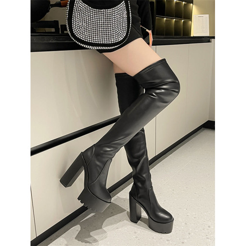 網紅同款超高跟14cm過膝長靴女顯瘦防水台松糕厚底長筒皮靴彈力靴