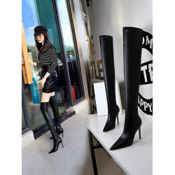 長靴女春秋單靴過膝大碼高跟尖頭細跟長筒靴彈力靴靴子女黑色薄款