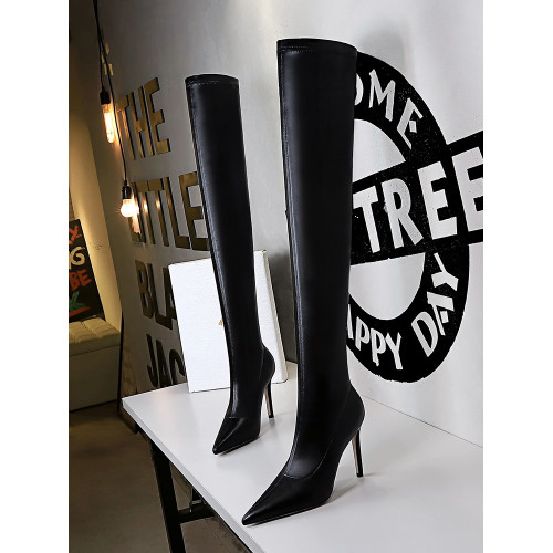 長靴女春秋單靴過膝大碼高跟尖頭細跟長筒靴彈力靴靴子女黑色薄款