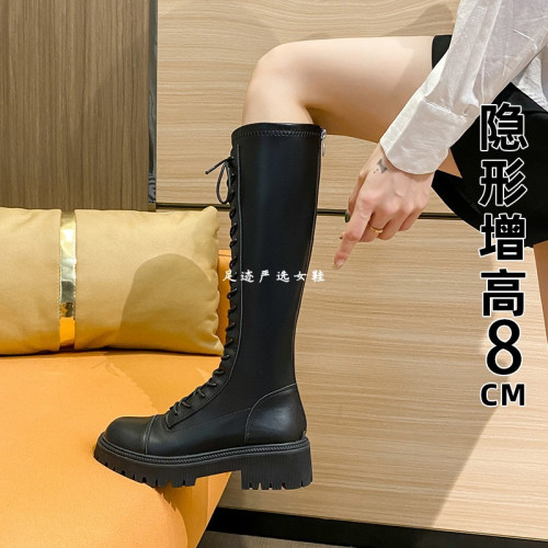 厚底白色長筒靴2026新款秋冬內增高8CM小個子長靴彈力高筒騎士靴